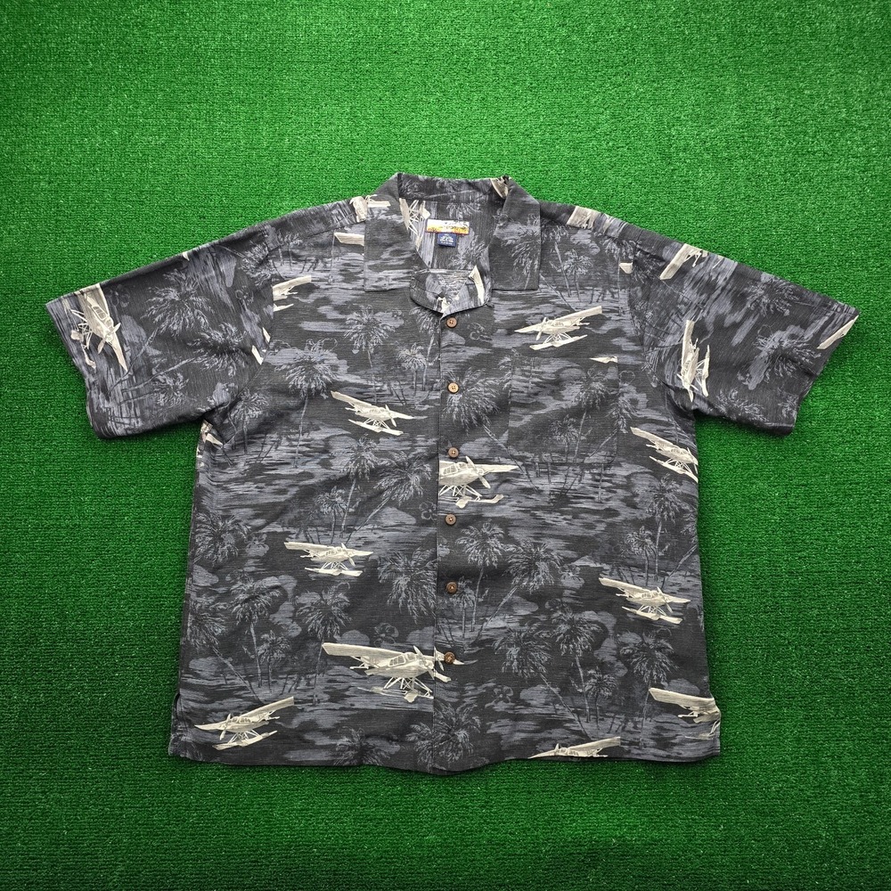 Havana Jacks Cafe Hawaiian Shirt Mens 2XL Button Up 100% Silk Seaplane Tropical